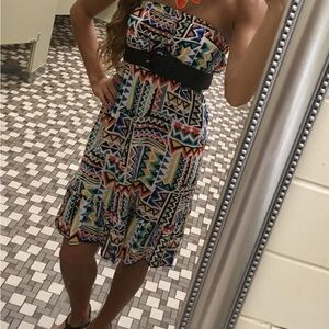 Strapless Aztec/ Triangle Print Dress - Multicolor